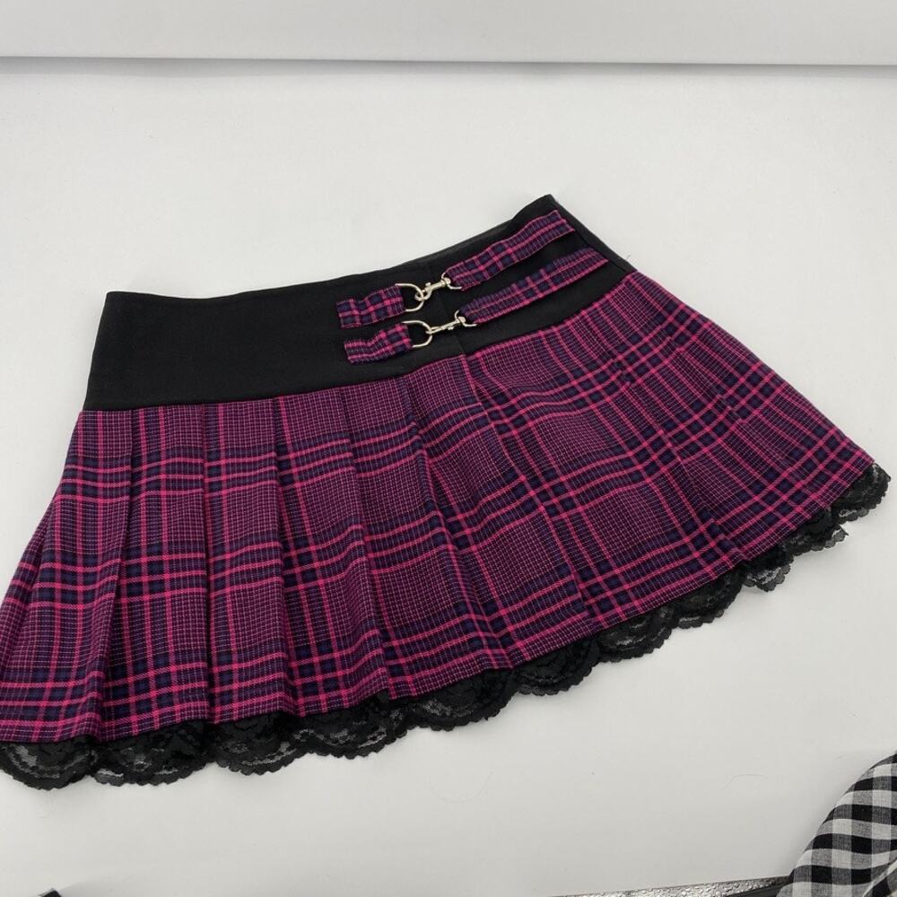 Morbid Threads purple pink plaid pleated mini skirt - Picture 2 of 6